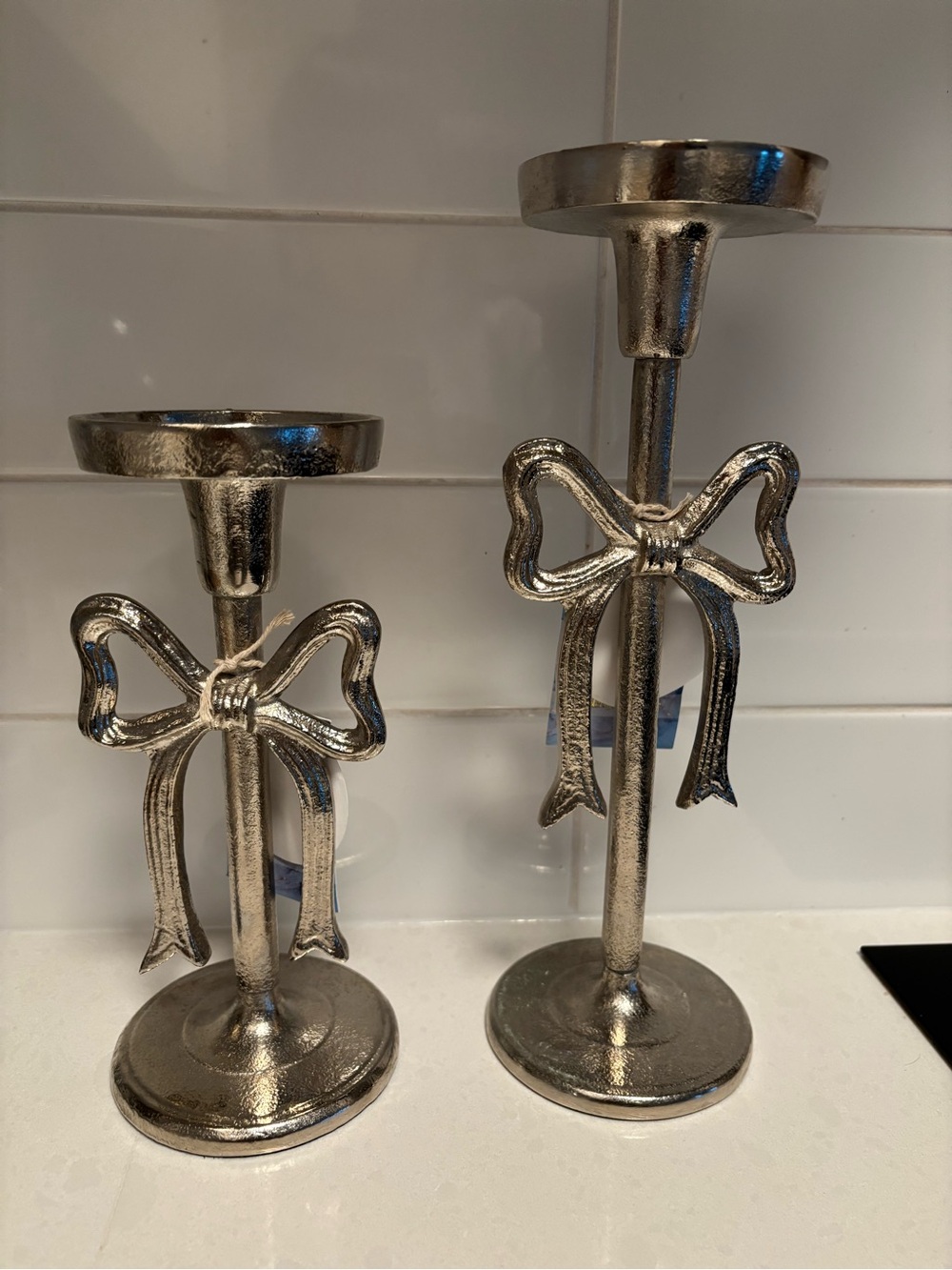 Elegant Metallic Bow Candle Holders - Silver (Set)